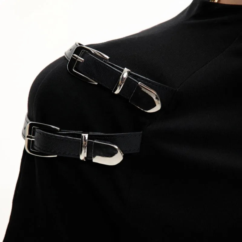 Men's black slim fit short sleeve t-shirt with a stand-up collar and metal belt design detail.