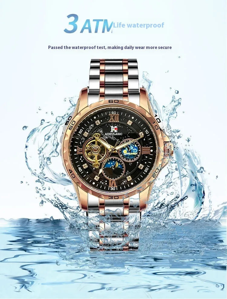 Men's automatic mechanical chronograph watch with rose gold case, black dial, and stainless steel bracelet