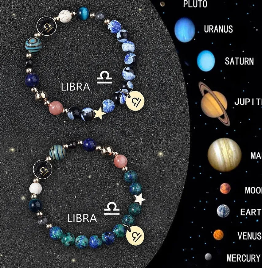 Zodiac sign bracelet with natural stone beads on elastic cord, adjustable astrology jewellery