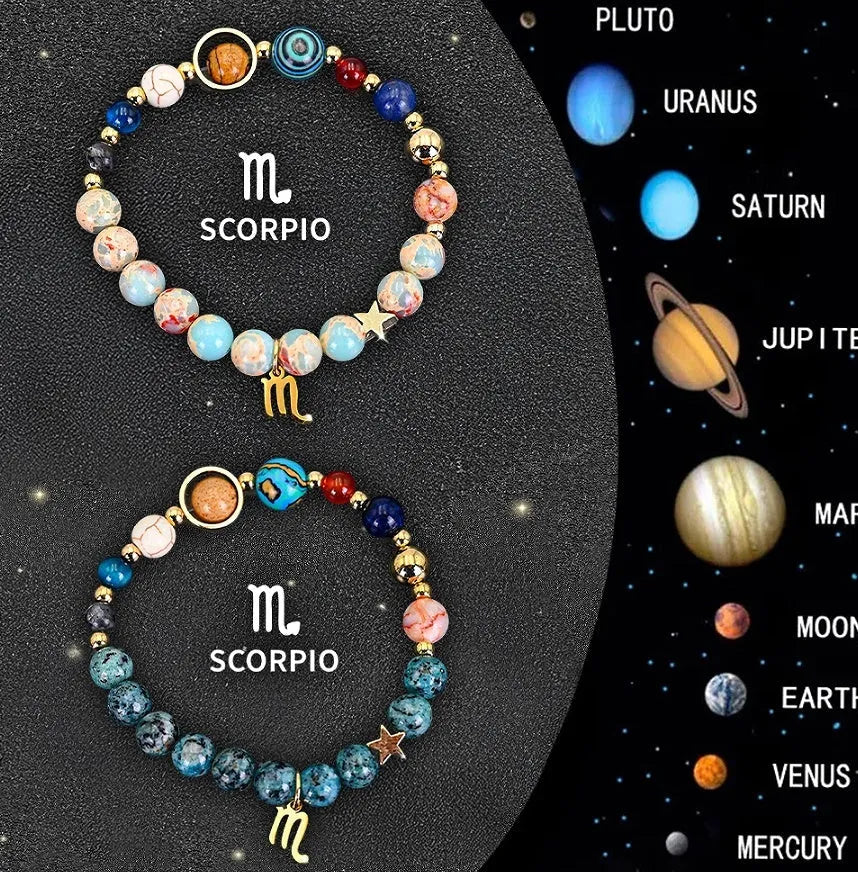 Set of two natural stone beaded bracelets for zodiac signs on a dark background.
