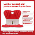 Grey ergonomic office seat cushion for waist support and posture correction on a chair.