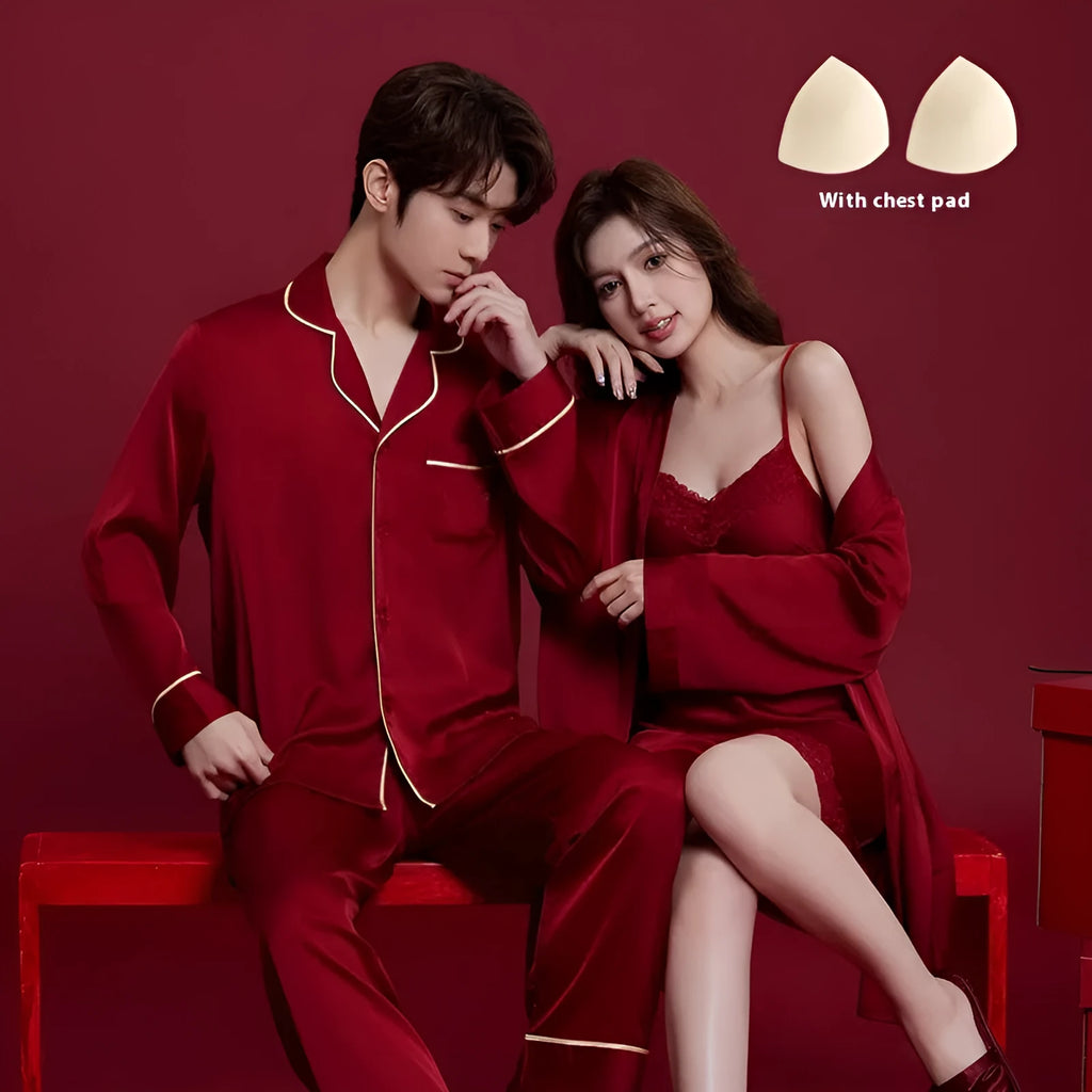 Red ice silk polyester wedding dowry pyjama set for men and women with long sleeves and trousers