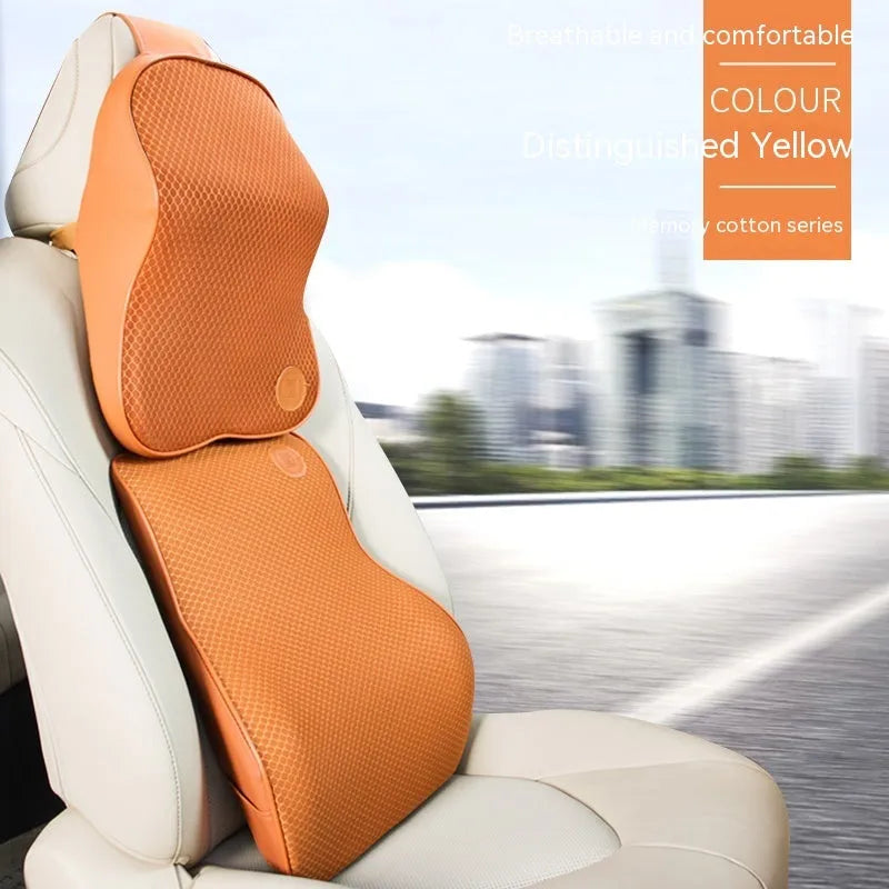 Black and beige memory foam headrest pillow and lumbar support pillow for car seats.