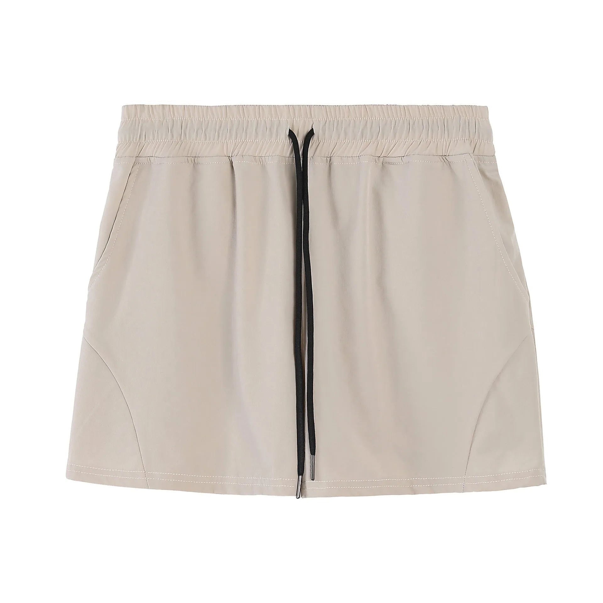Men's thin grey polyester basketball shorts with an elastic waistband, laid flat.