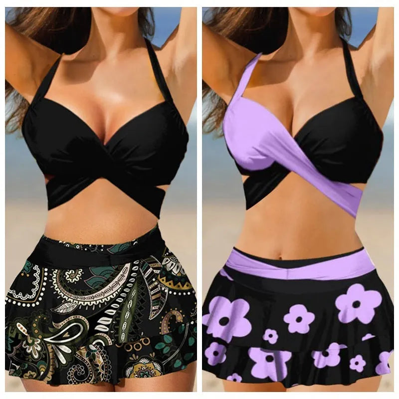 Women's purple lace-up backless bikini set with high-waisted skirt for swimming