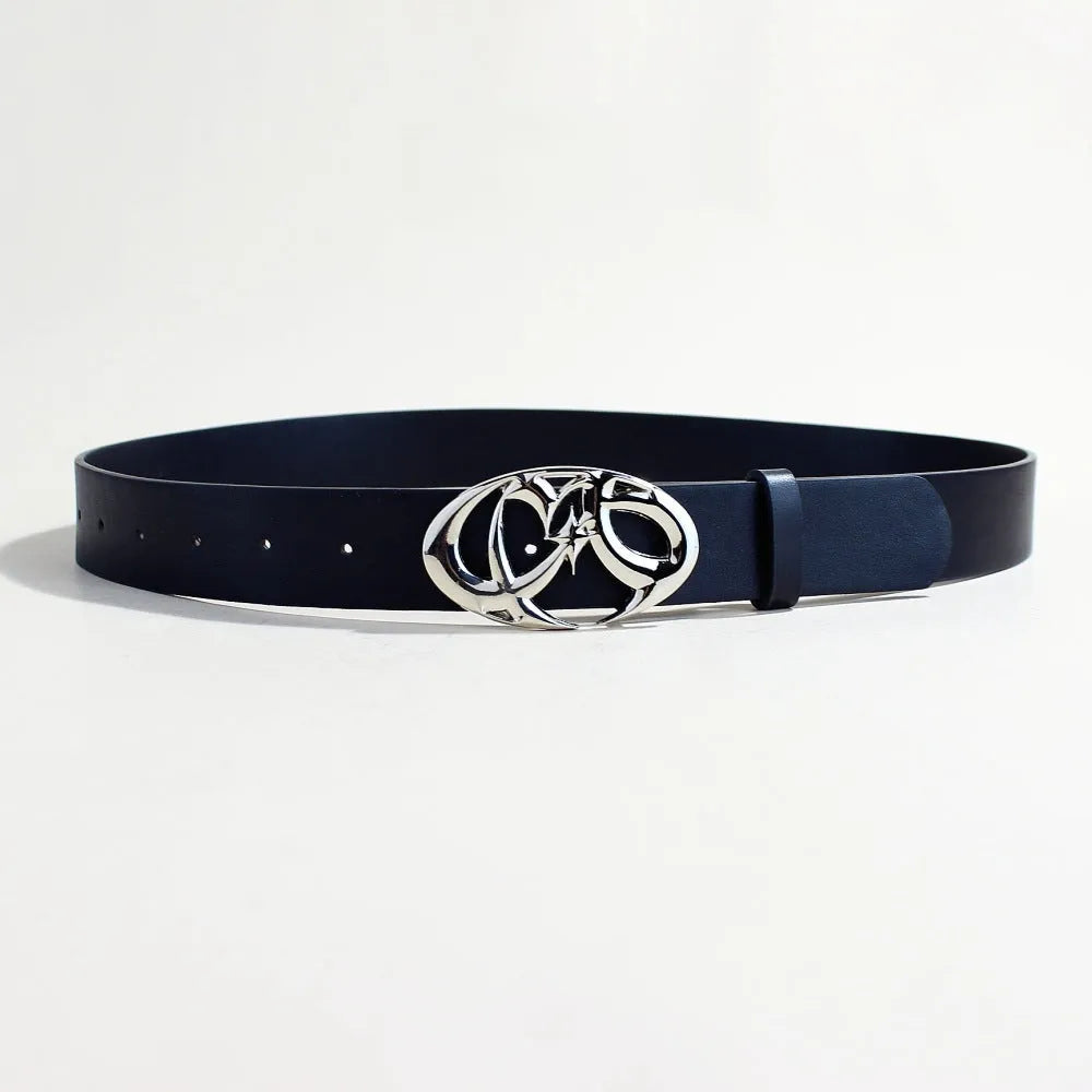 Men's silver buckle PU leather belt with snap button fastening showing three style variations