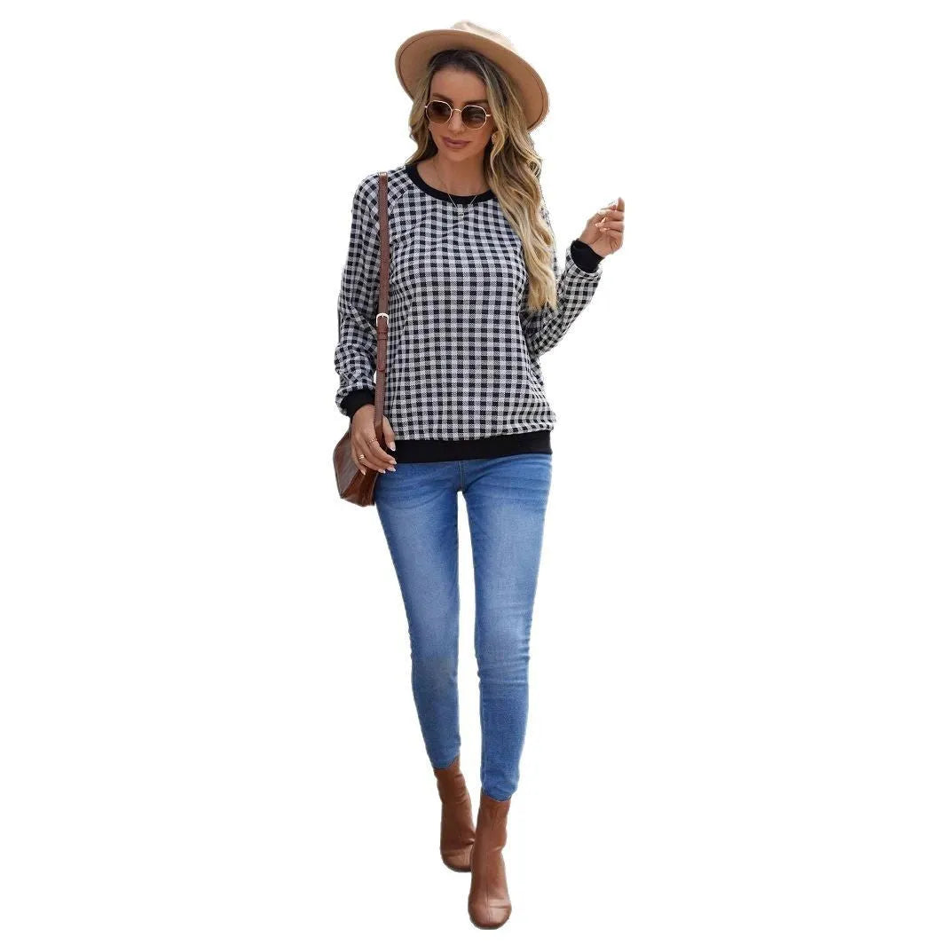 Black Japanese plaid pattern pullover sweater with long sleeves and stripe detailing