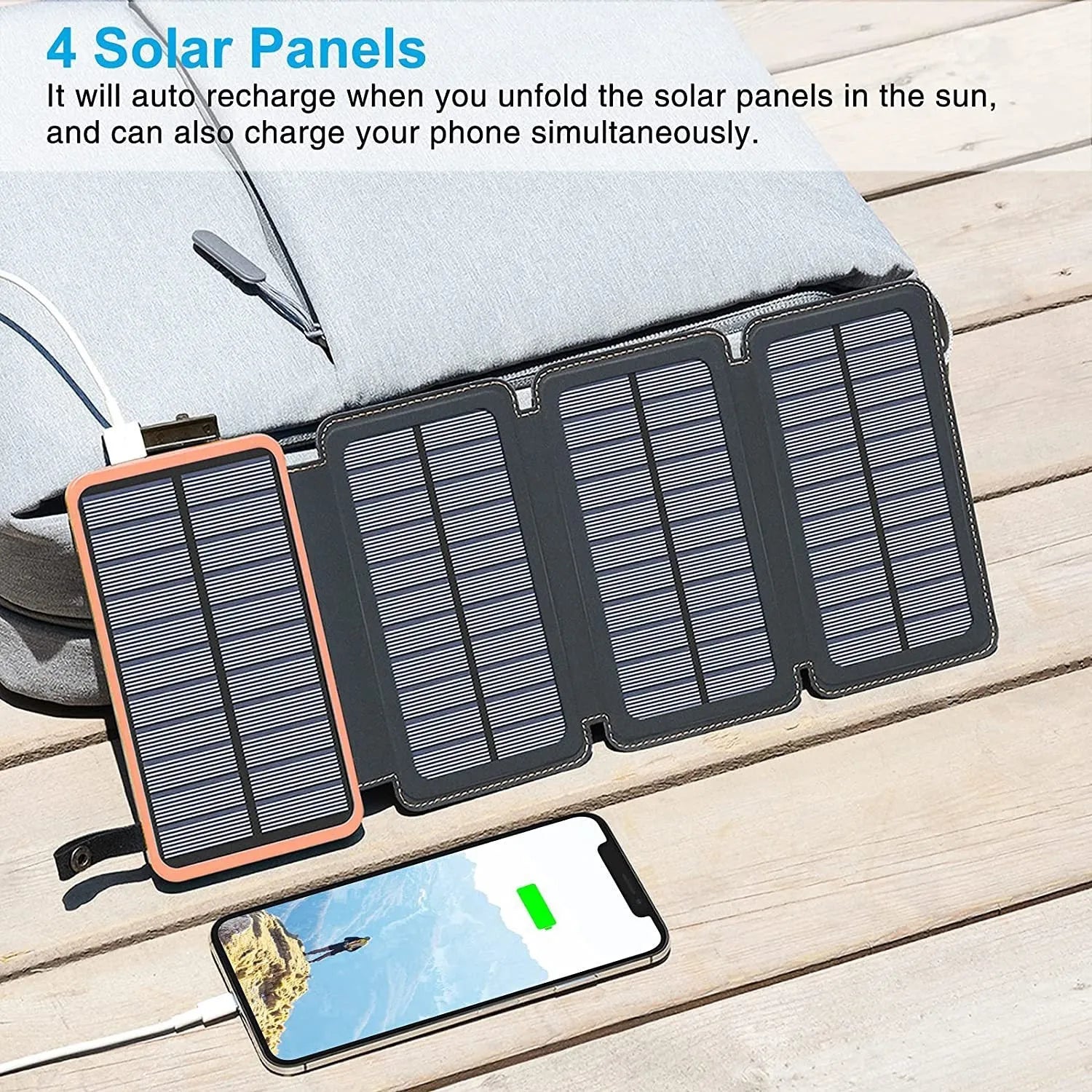 Outdoor solar phone charger in multiple colours showing solar panel, LED light, and leather finish.