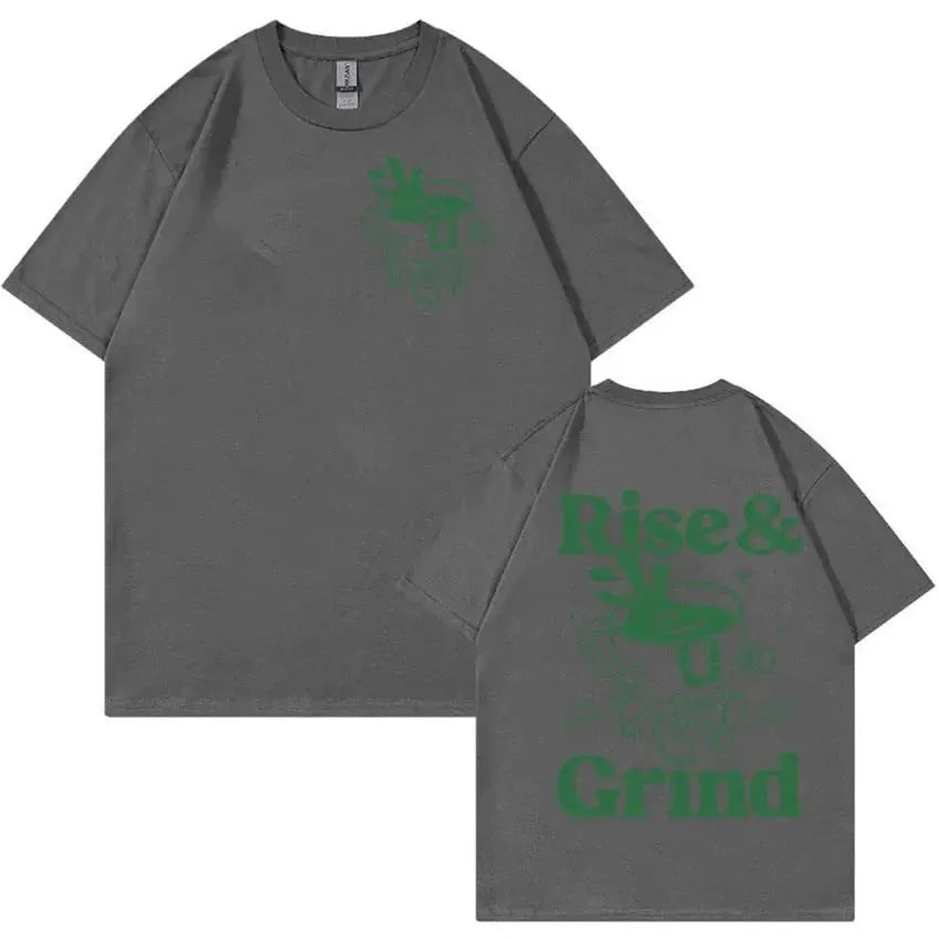 Men's loose fit light grey t-shirt with a green 'Rise and Grind' coffee cartoon print on the front.