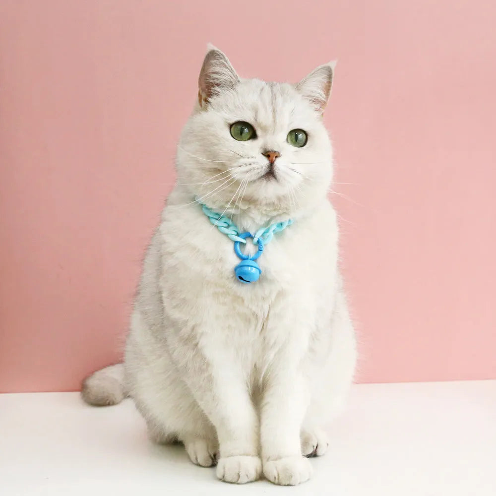 Macaron candy coloured plastic pet collar for cats, dogs, and rabbits in chain blue, pink, and mixed colours on a white background.