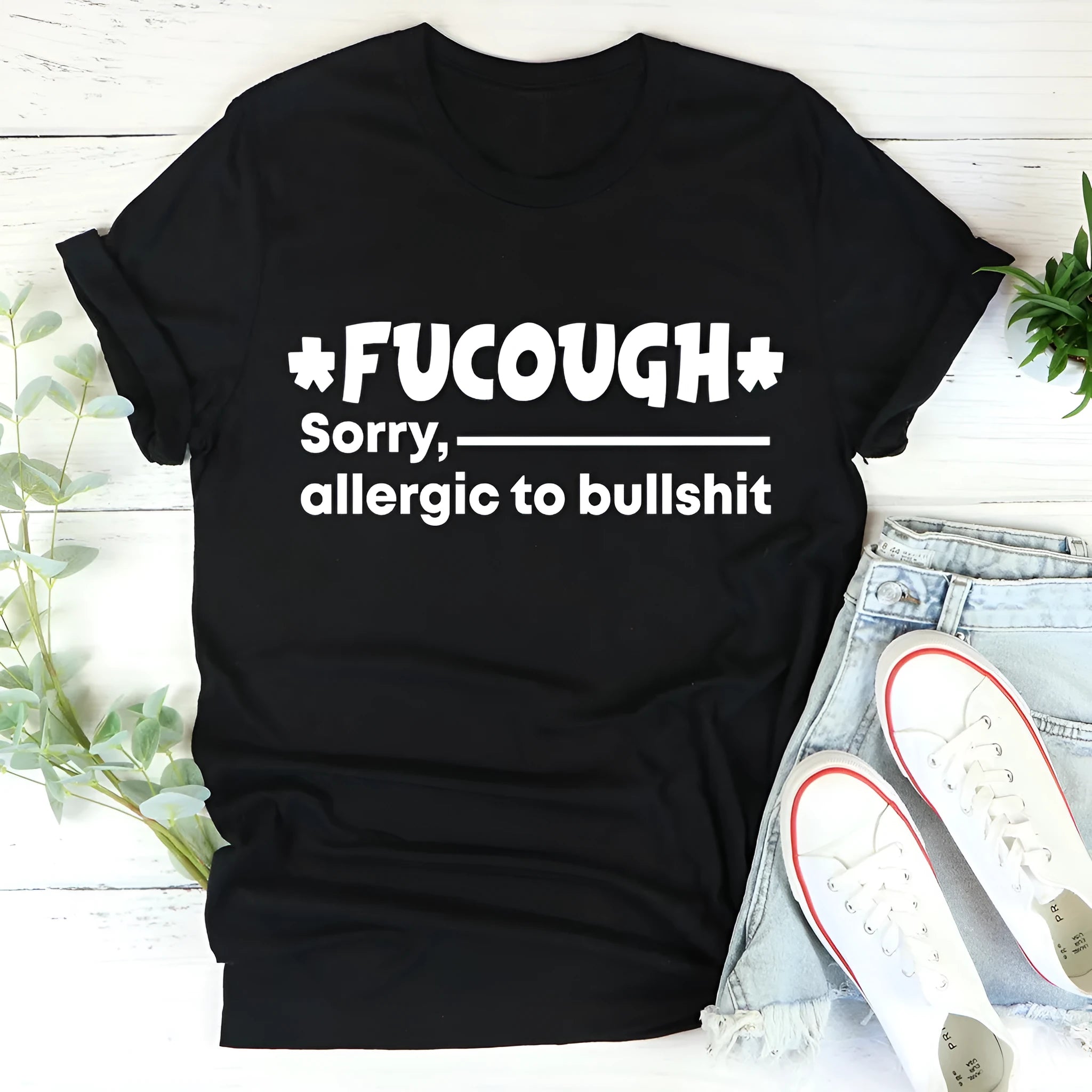 Black cotton summer t-shirt with short sleeves and round neck, loose straight cut