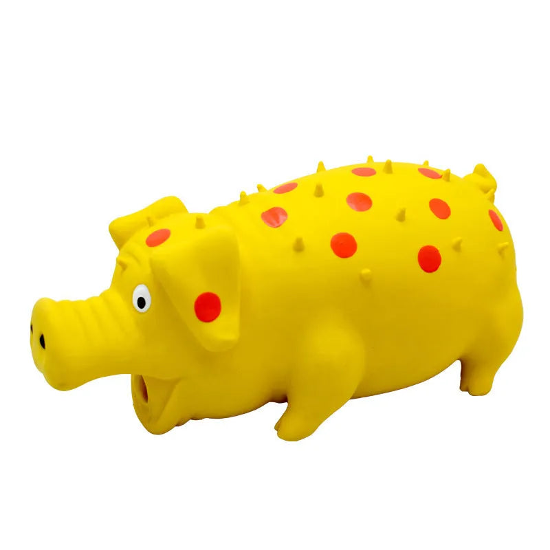 Blue latex pig-shaped dog chew toy with textured surface and squeaker inside.