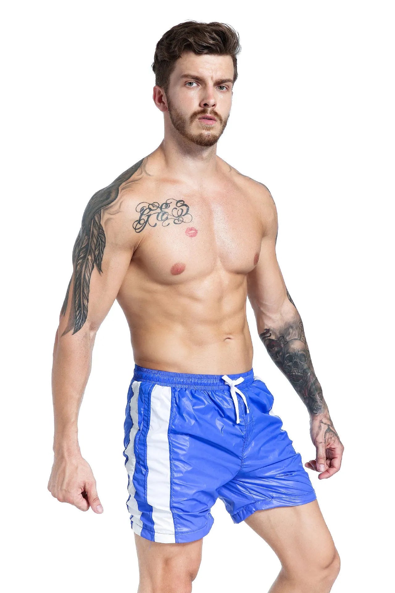 Men's blue lace-up sports shorts with slim fit design and polyester construction