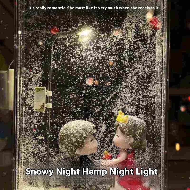 DIY material kit for assembling a snowy landscape night light with small street lamp and LED lights.