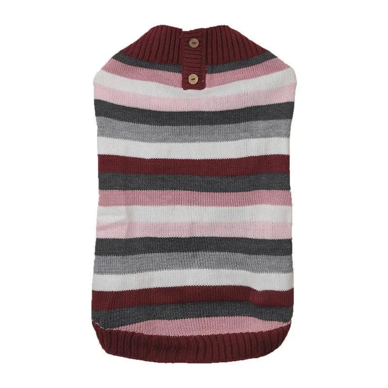 Grey dog sweater with blue horizontal zipper and button pocket on a small dog.