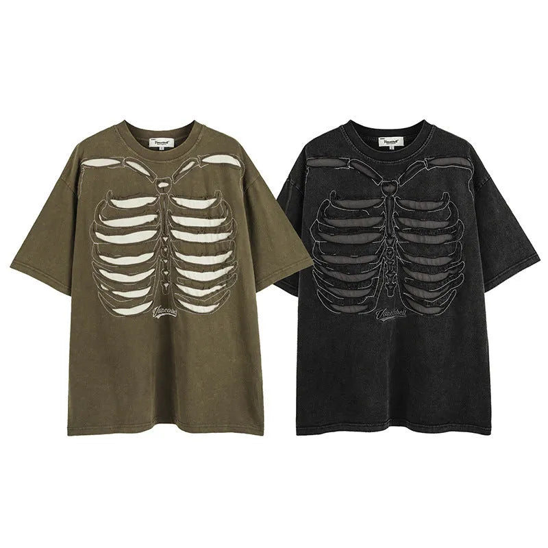 Brown loose fit men's T-shirt with a large printed skull and letter design, featuring drop shoulder sleeves.