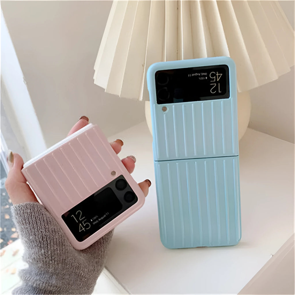 Samsung Z Flip3 ultra-thin flip phone case in seven colour options showing front and back coverage