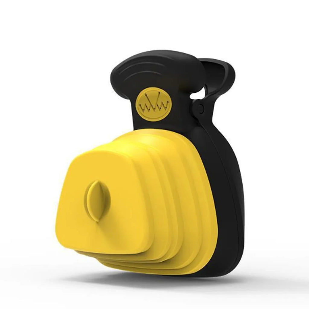 Handheld portable pooper scooper with expandable container and clip for dog waste collection in blue green grey or yellow