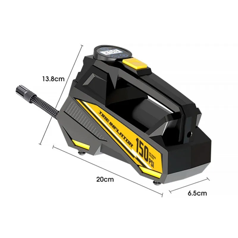 Black vehicle-mounted tyre inflator with digital display and LED lighting