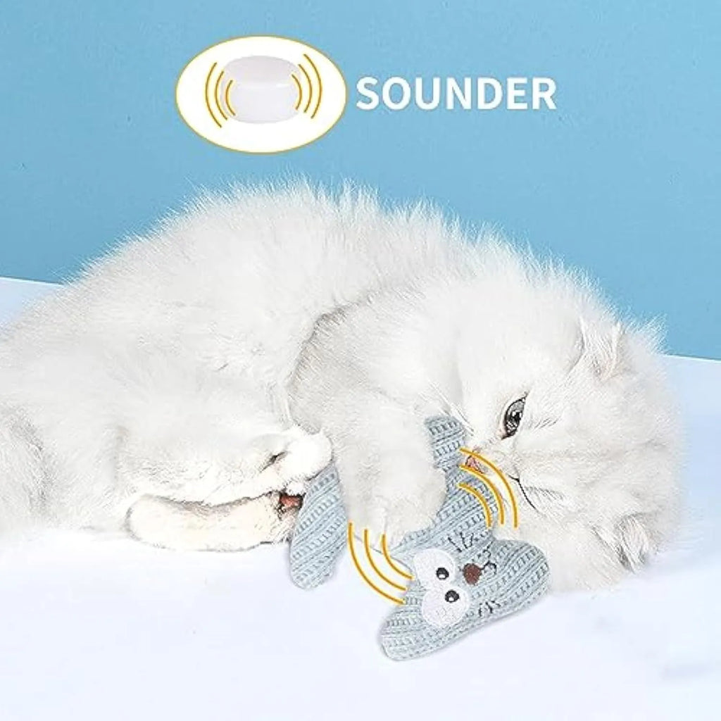 Cyan plush cat chew toy with rope ends, containing catnip and a bell.