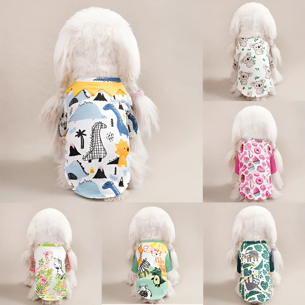 Small dog wearing full print polyester T-shirt clothing in casual style with measured bust and back length
