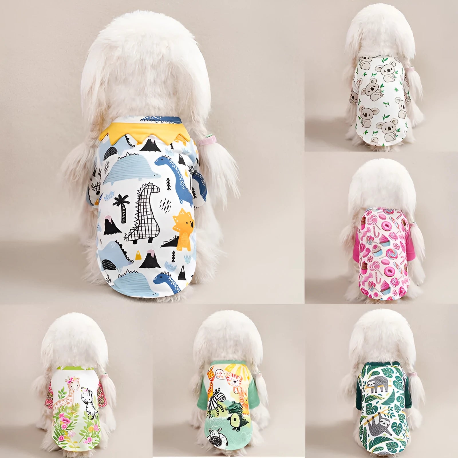 Small dog wearing full print polyester T-shirt clothing in casual style with measured bust and back length