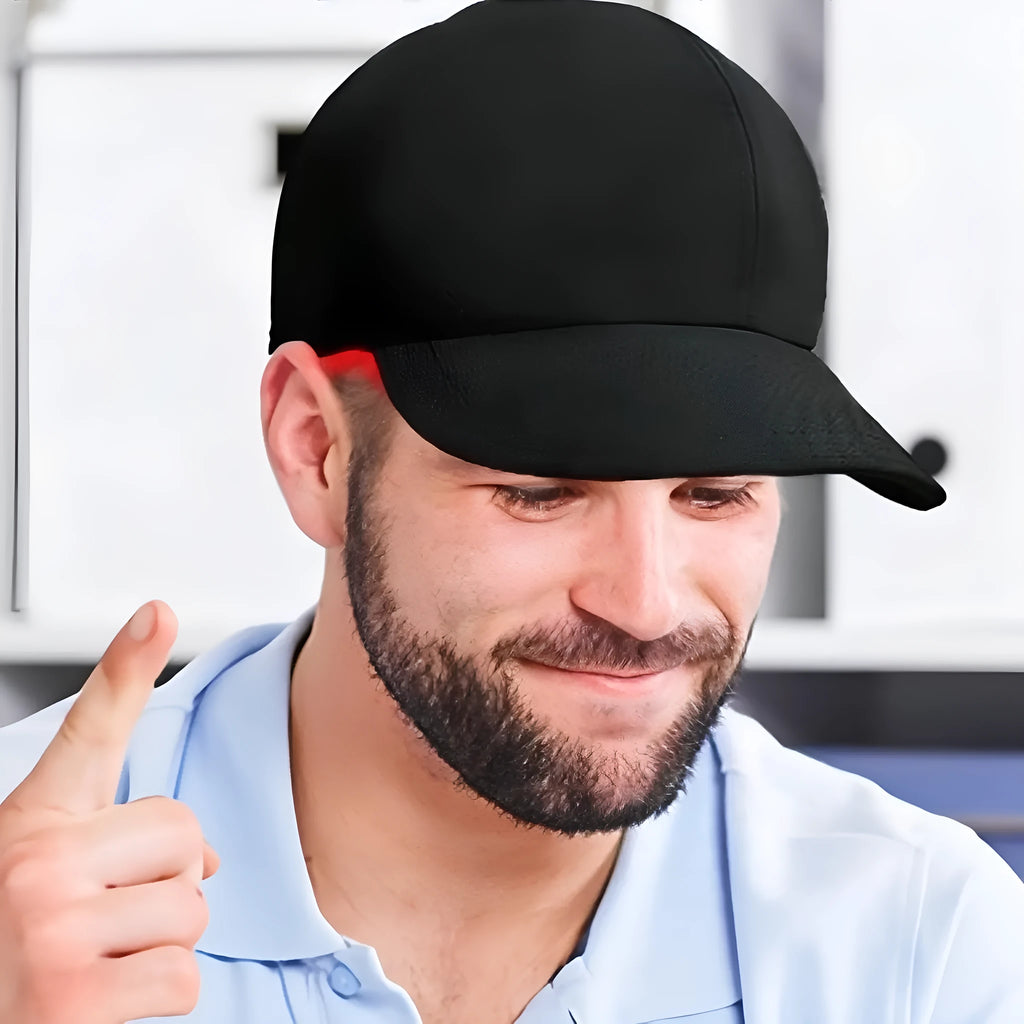 Black duckbill-style infrared hair growth cap with 180 red LEDs and a separate controller.