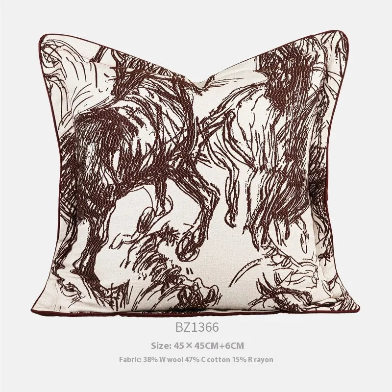 Close-up of a modern abstract golden horse design on a textured jacquard cushion in golden yellow.