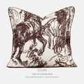 Close-up of a modern abstract golden horse design on a textured jacquard cushion in golden yellow.