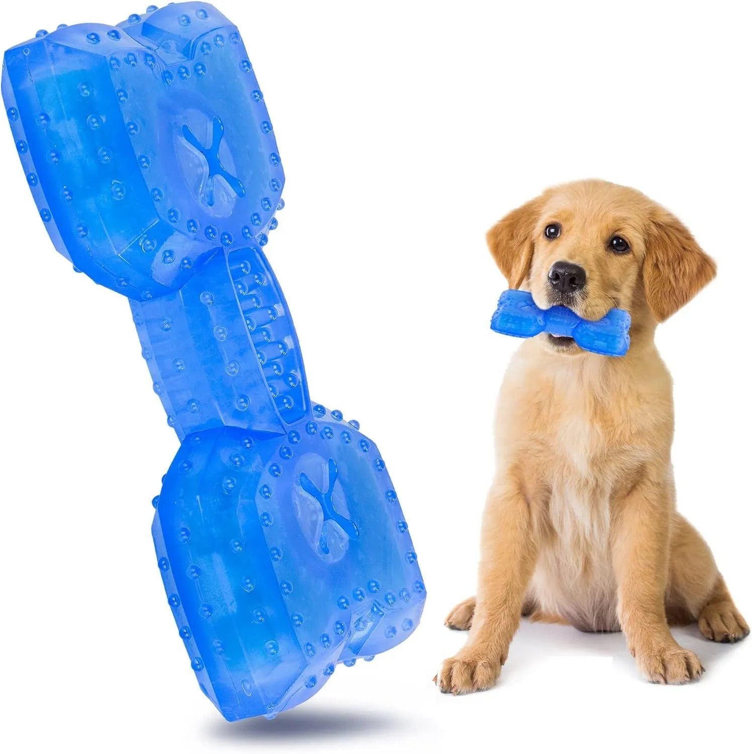 Freezable cooling chew toy for dogs in bone and circle shapes for teething relief