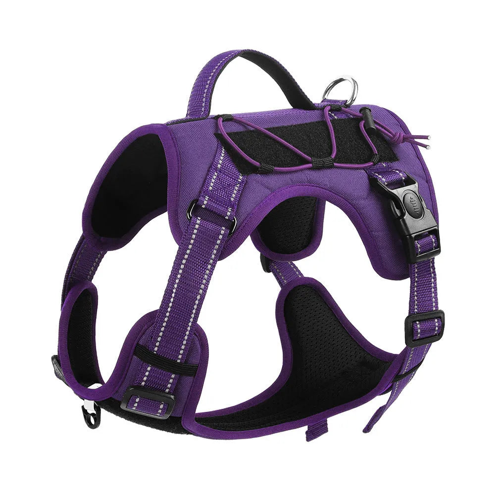 Reflective dog harness and hand-holding lead set in orange and black, showing the chest strap and full-handle grip.