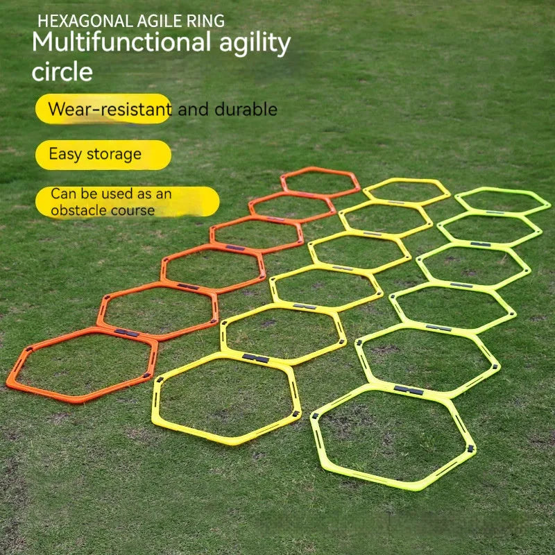 Set of six foldable yellow, green, and orange hexagon plastic agility rings for football training.