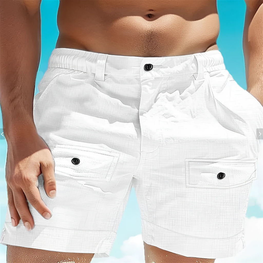 Men's straight cut linen beach shorts with elastic waist and button pockets in white colour