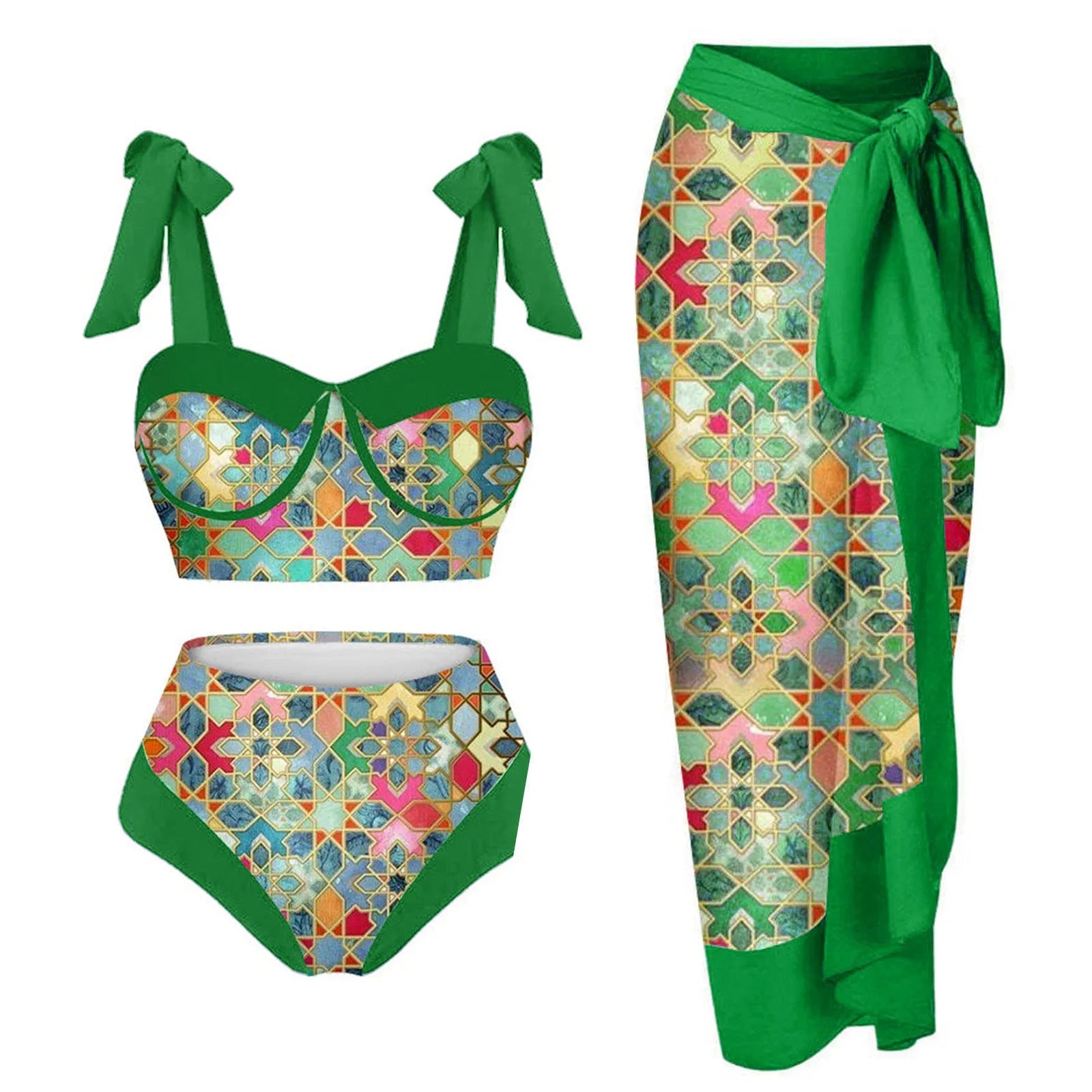 Women's pink printing split swimsuit three-piece set with skirt, bra, and panties.