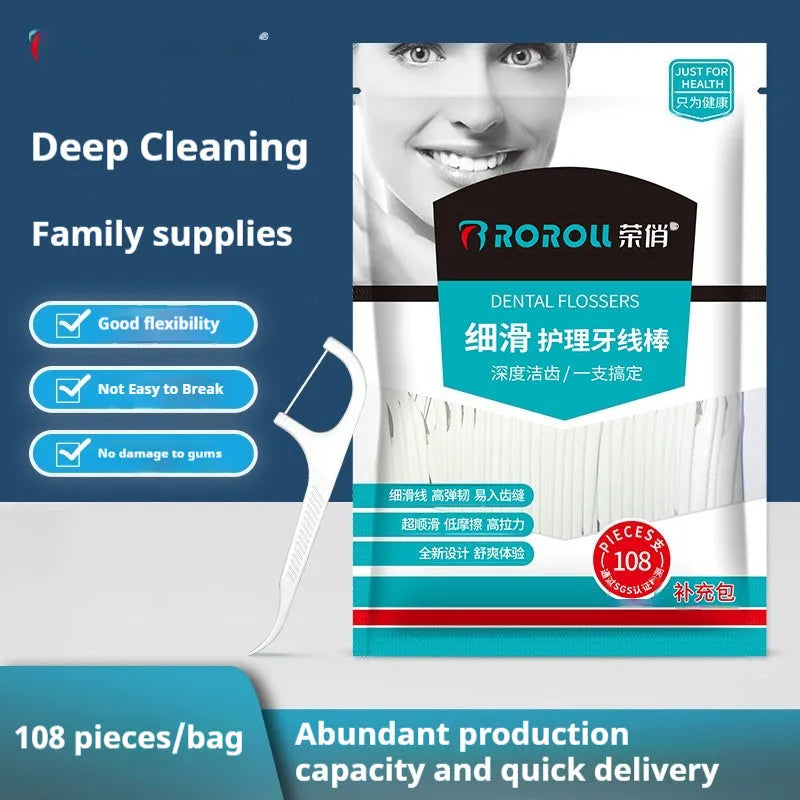 Disposable high tensile dental floss in plastic packaging with dimensions 180x238mm