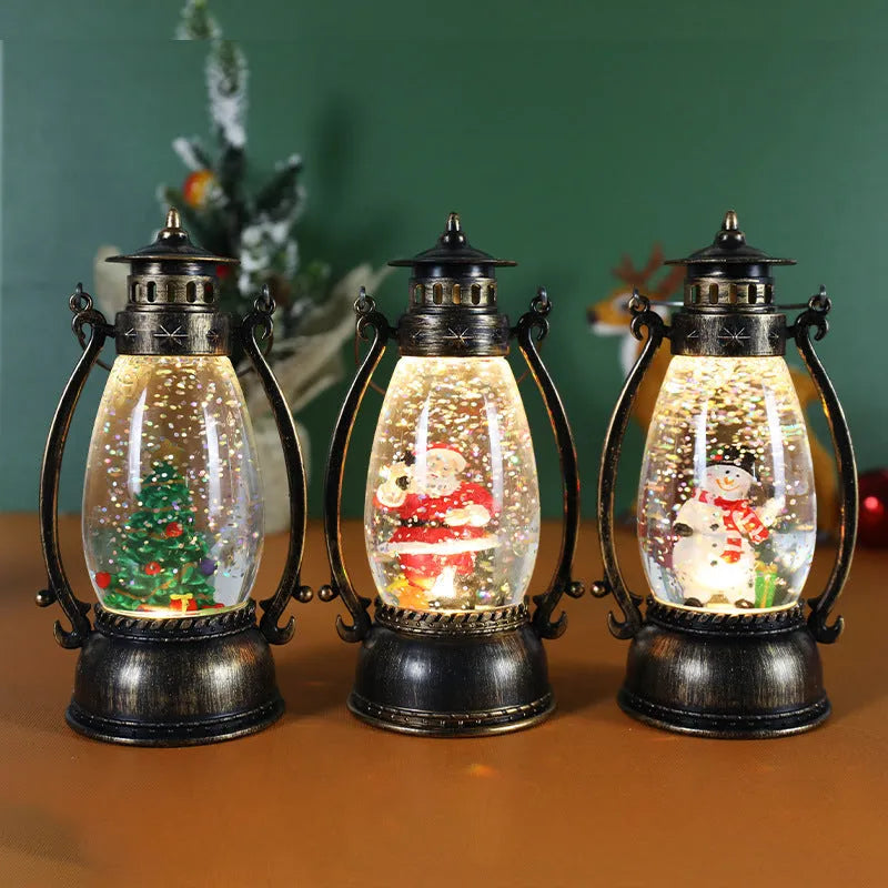 Desktop Christmas oil lamp with glowing crystal ball base in snowman or elderly character style.