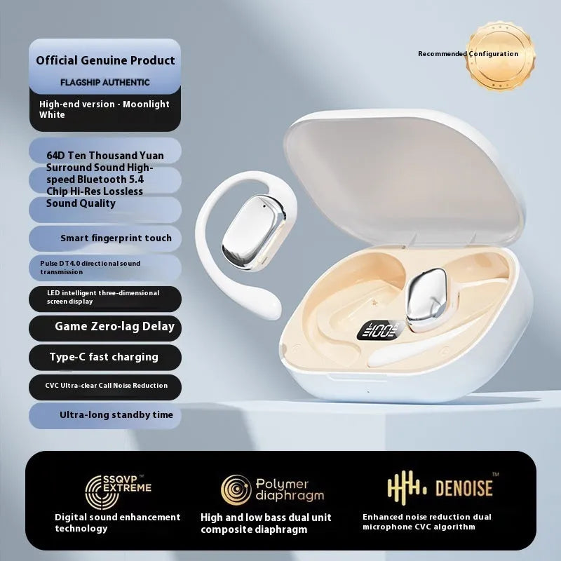 Ear-mounted headphones with digital display screen in black, skin colour or white finish