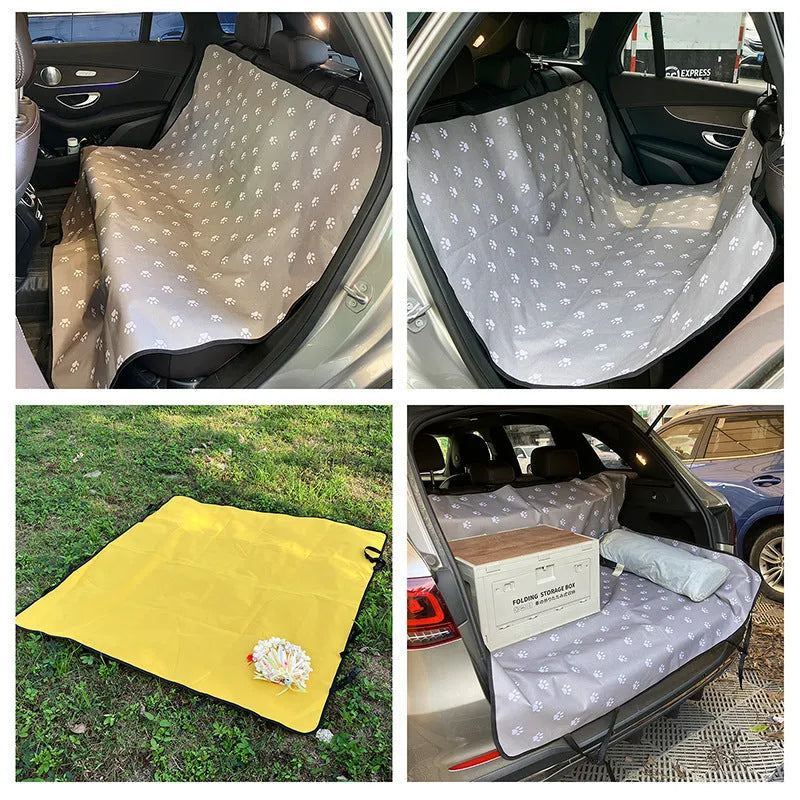 Grey car pet mat with dog bone print on rear car seat protecting upholstery