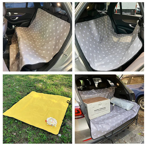 Grey car pet mat with dog bone print on rear car seat protecting upholstery