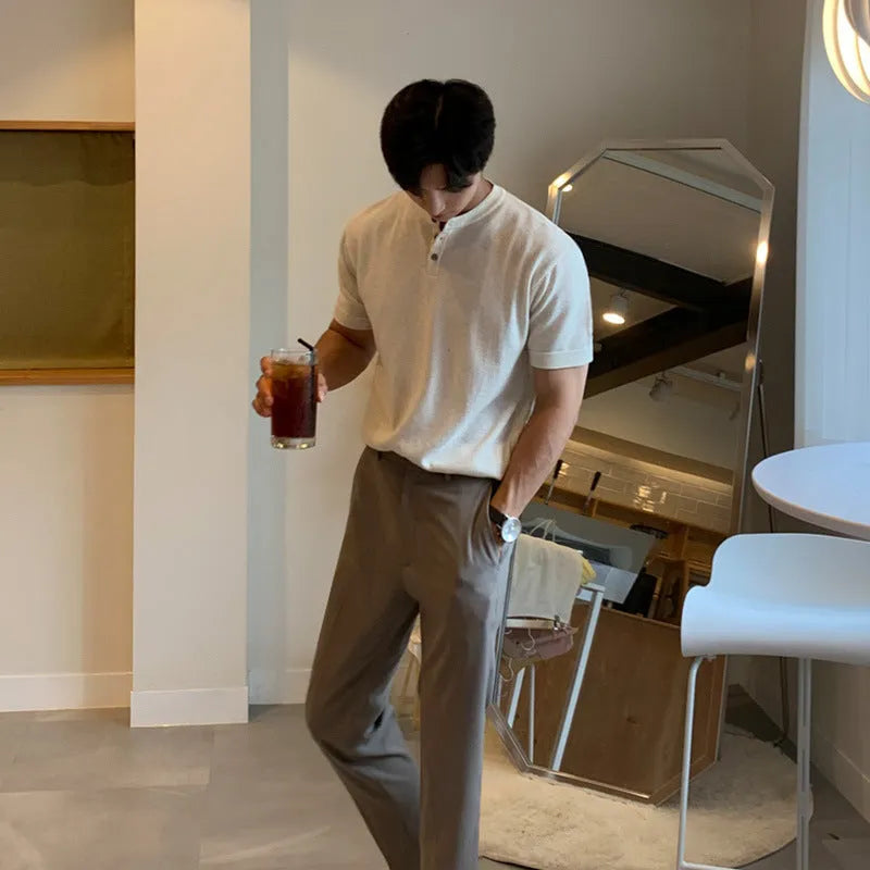 Men's short-sleeved ice silk knitted shirt in slim fit showing black, khaki and white colour options