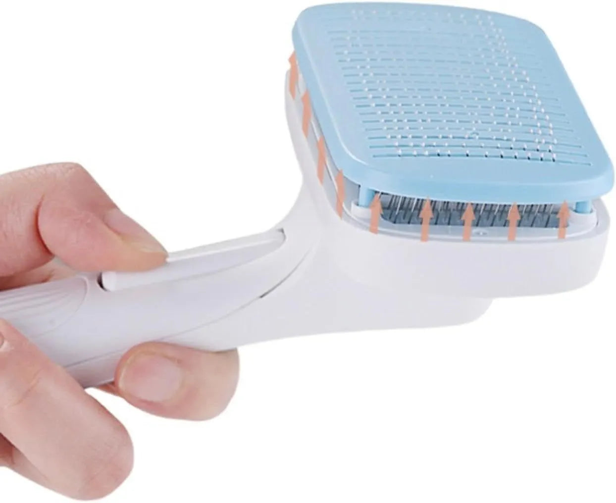 Automatic pet hair removal comb for dogs and cats in blue, grey, green, or pink colour.