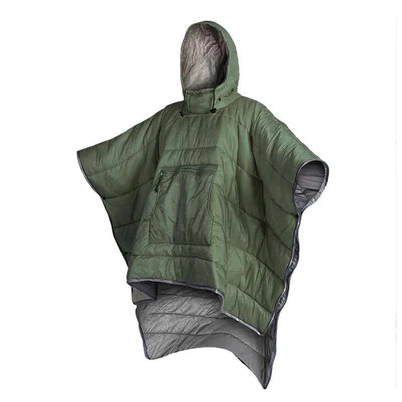 Grey outdoor cloak sleeping bag with hood showing transformation to wearable cape