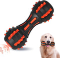 Red dumbbell-shaped dog chew toy with natural rubber construction and squeaker for medium large breeds