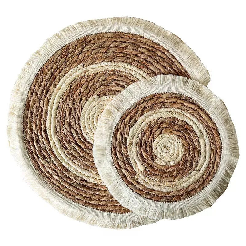 Round natural papyrus placemat with tassels in modern simplicity design