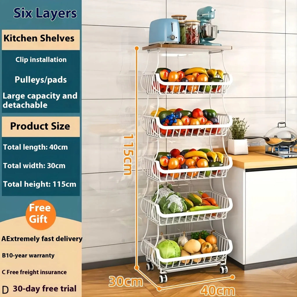 Black six-layer freestanding kitchen storage rack trolley made of carbon steel.