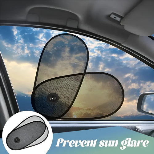 Black adjustable car side window sunshade with suction cups stretched across vehicle window