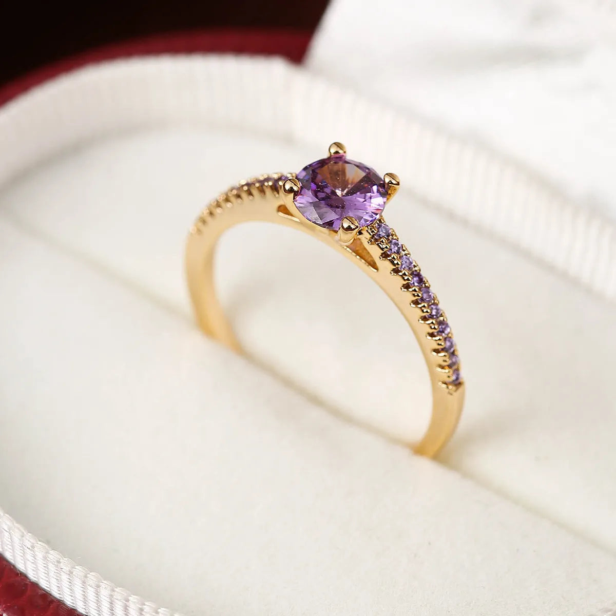 Geometric hexagon zircon copper ring in gold rose red electroplated finish, size UK 7.