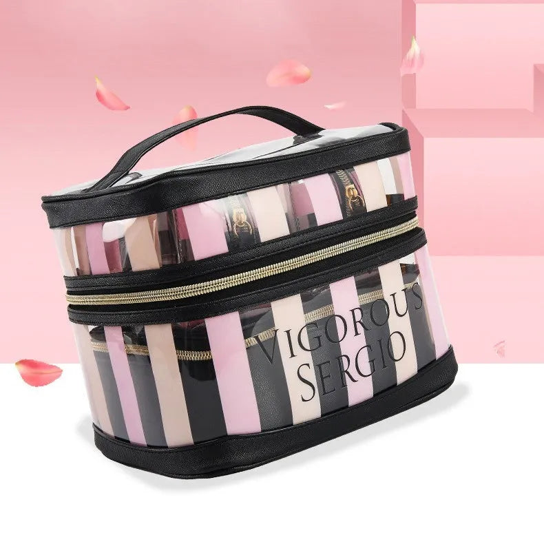 Pink bold stripes floral makeup buggy bag in synthetic leather with waterproof finish.