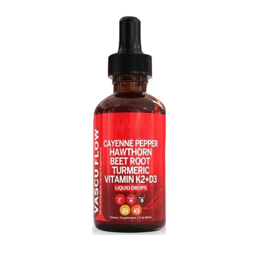 60ml glass bottle of Vitamin D3 and K2 with Hawthorn Fruit liquid supplement drops with glass dropper.