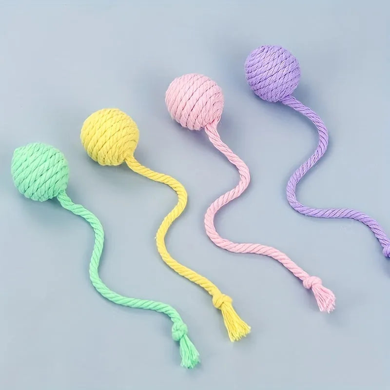 Colourful cat toy ball with rope and built-in bell in two size options